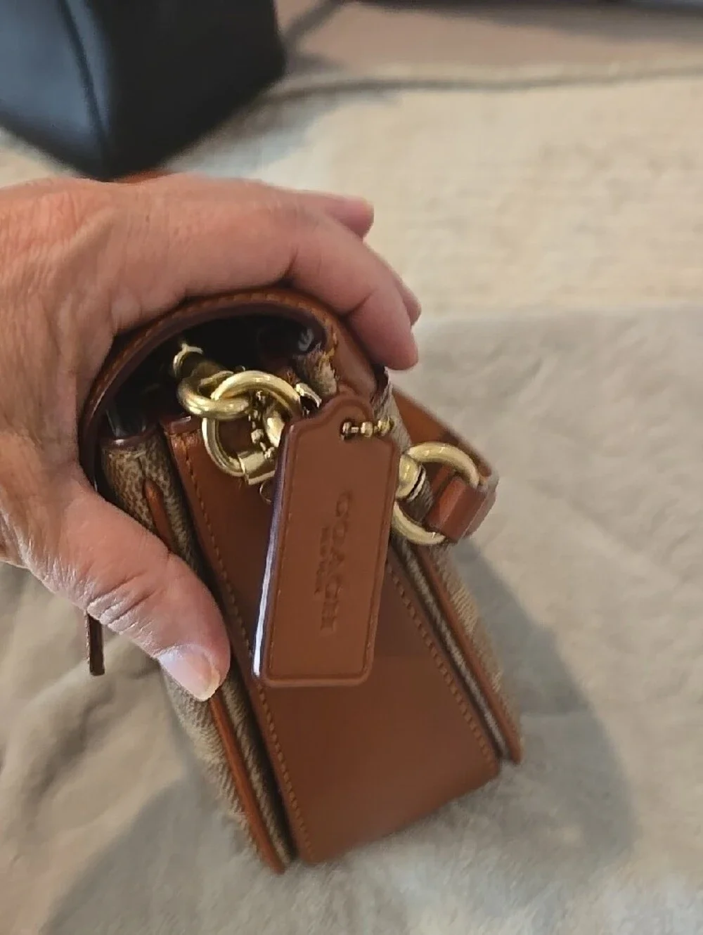 Coach Tan Leather & Signature Canvas Shoulder Bag with Gold Hardware